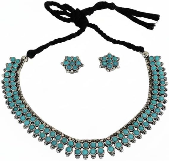 BC02579-Pretty Precious Latest Stylish Traditional Oxidised Silver Necklace Jewellery Set for Women | Antique Finish Ethnic Necklace with Matching Earrings | Festive & Party Wear-Aqua Colour