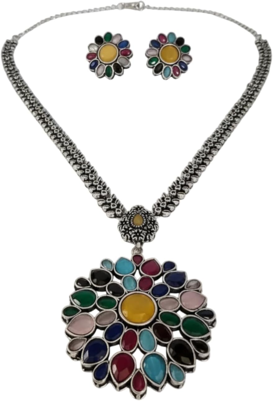 1545-Pretty Precious Latest Stylish Traditional Oxidised Silver Necklace Jewellery Set for Women | Antique Finish Ethnic Necklace with Matching Earrings | Festive & Party Wear-Multi Colour