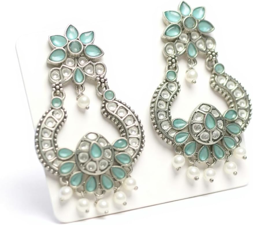 1345-Pretty Precious Oxidised Silver Stylish Party Wear Earrings for Women and Girls-Mint Colour