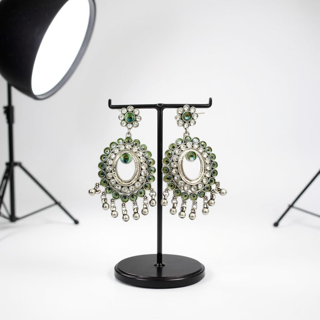 1343-(Design-2)-Pretty Precious Oxidised Silver Peacock Chandbali Earrings for Women, Party Wear Dangle Earrings with Cubic Zirconia Stones, Silver Plating