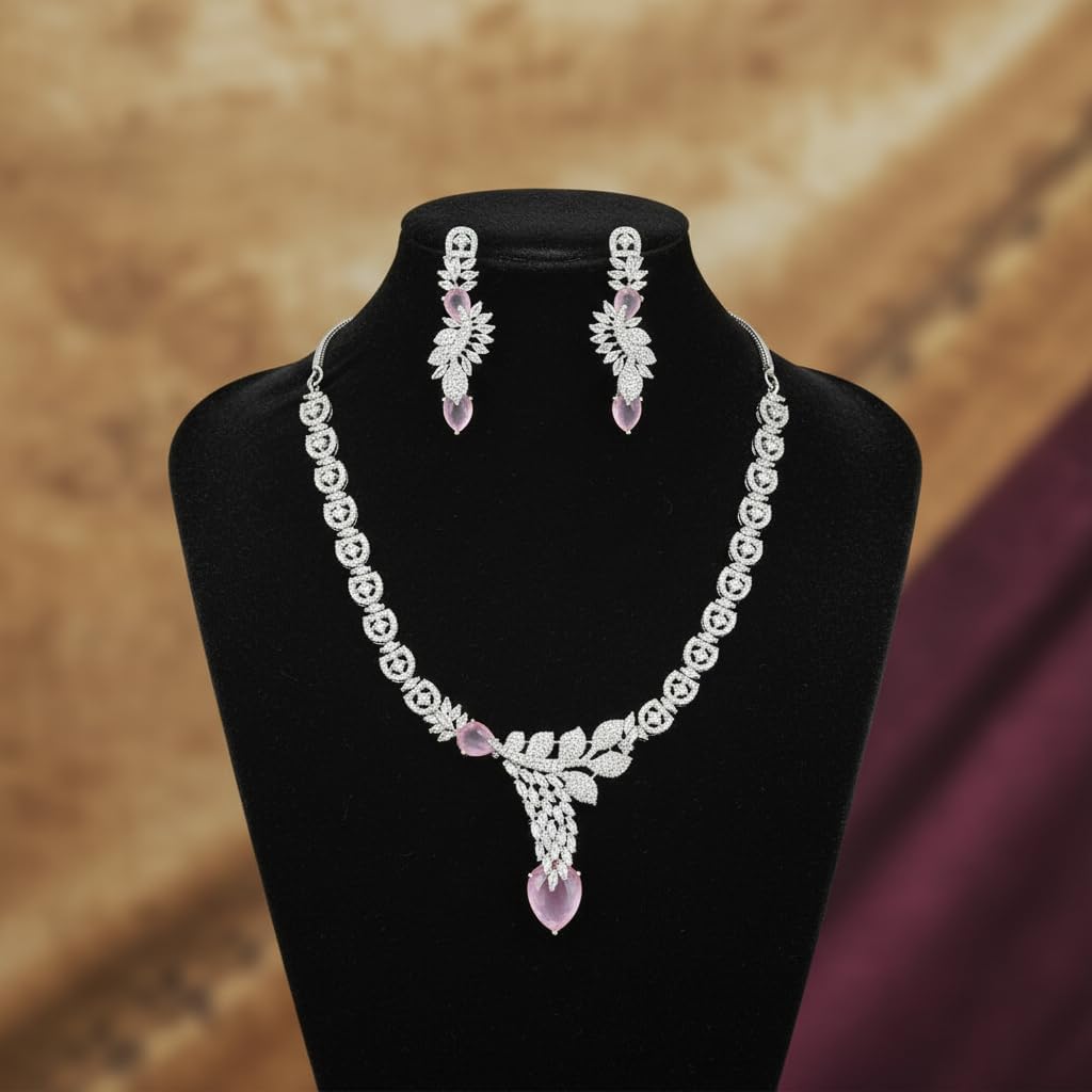 1402-Pretty Precious AD Necklace Set for Women | Rhodium Plated American Diamond Necklace & Earrings Set | Party, Wedding & Festive Jewellery-Pink Colour