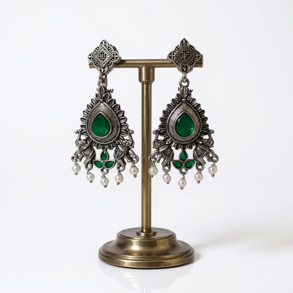 1359-Pretty Precious Oxidised Silver Stylish Party Wear Earrings for Women and Girls-Green Colour