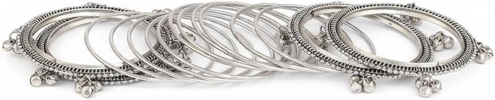 810602-Pretty Precious Silver Bangle Set, Metal Bangles with Bell Charms, Oxidized Finish, Traditional Indian Jewelry, Multi-Piece Stack Bracelet Set