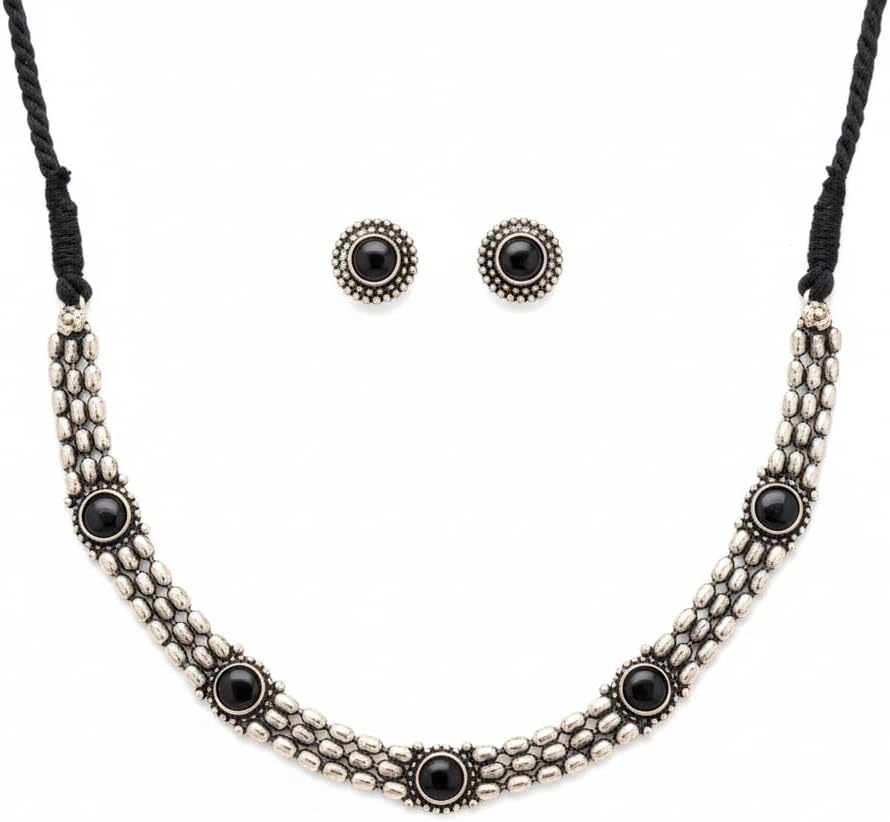 806760-Pretty Precious Latest Stylish Traditional Oxidised Silver Necklace Jewellery Set for Women | Antique Finish Ethnic Necklace with Matching Earrings | Festive & Party Wear-Black Colour