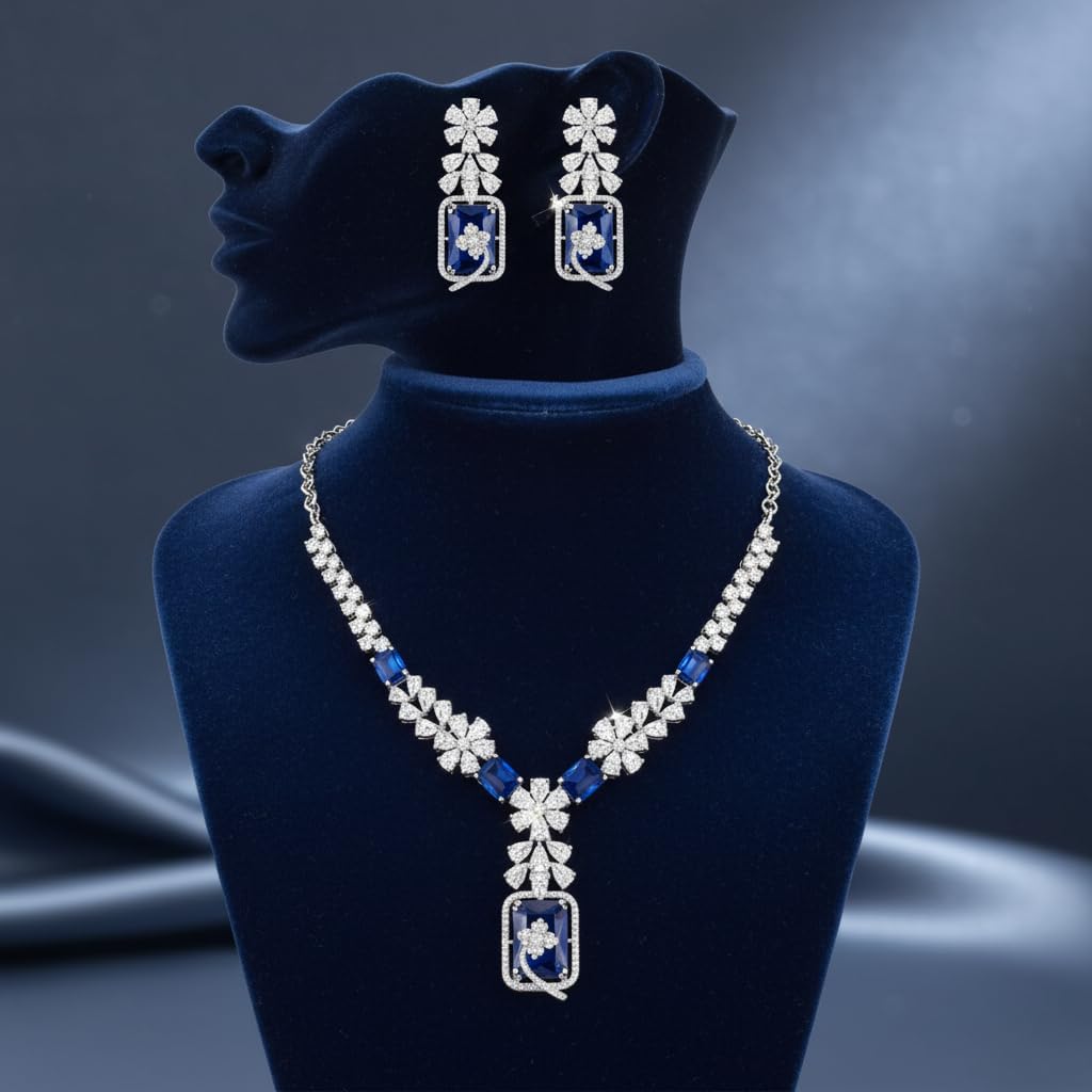 1401-Pretty Precious AD Necklace Set for Women | Rhodium Plated American Diamond Necklace & Earrings Set | Party, Wedding & Festive Jewellery-Blue Colour