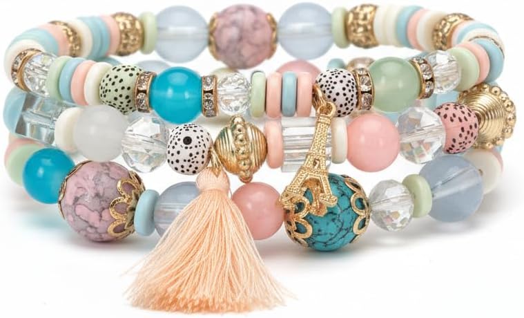 BC26155-Pretty Precious Boho Stackable Beaded Bracelet Set – Elastic Bracelets for Women – Coastal Inspired – Adjustable Handmade Beaded Bracelet (4-Piece Set)-Assorted Colour (Multicolour)