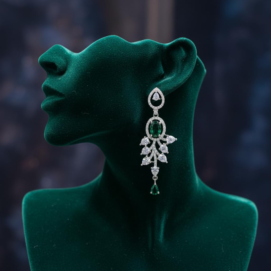 1373-Pretty Precious Earrings, AD Stones, Rhodium Plated, Dangle Design, Cubic Zirconia, Silver, Party Wear-Green