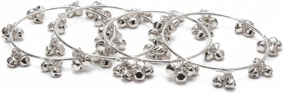 808458-Pretty Precious Oxidised Silver Bangles Set of 4, Traditional Indian Jewelry, Ghungroo Bell Charms, Ethnic Tribal Design, Size 2.4