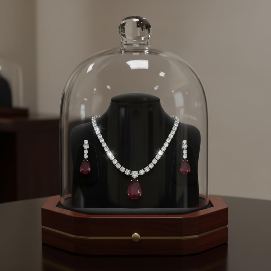 1400-Pretty Precious AD Necklace Set for Women | Rhodium Plated American Diamond Necklace & Earrings Set | Party, Wedding & Festive Jewellery-Ruby Colour