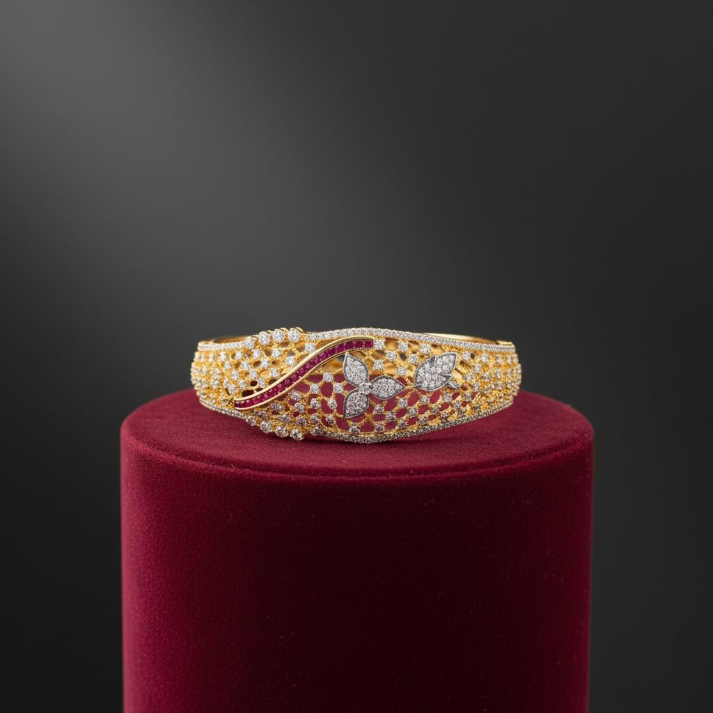 1417-Pretty Precious American Diamond Openable Kada Bracelet for Women, Gold & Silver Plating, Cubic Zirconia, One Size, Party & Wedding-Ruby