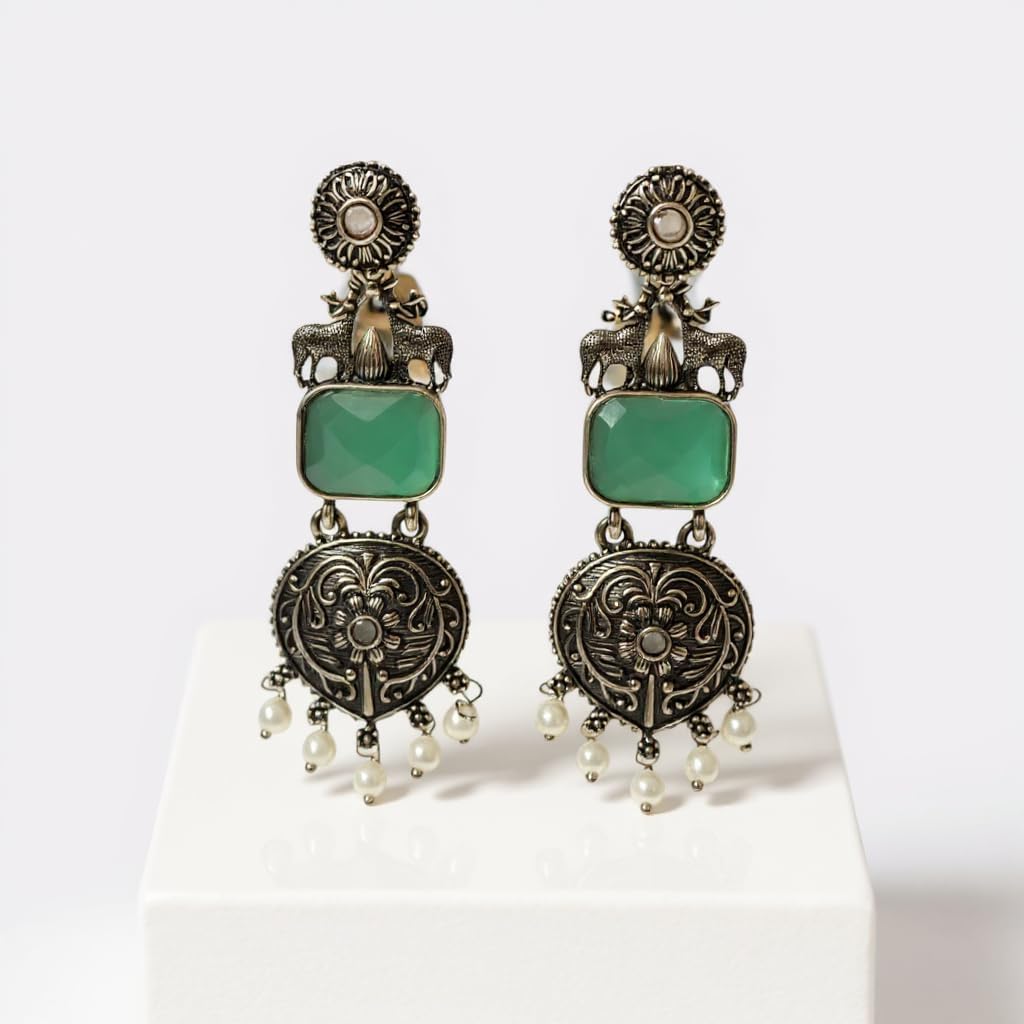 1358-Pretty Precious Oxidised Silver Stylish Party Wear Earrings for Women and Girls-Aqua Colour