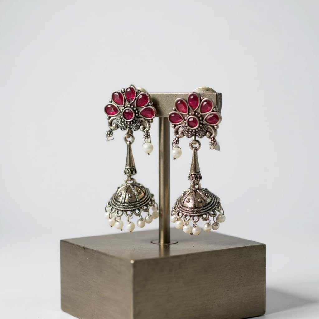 1350-Pretty Precious Oxidised Silver Stylish Party Wear Earrings for Women and Girls-Ruby