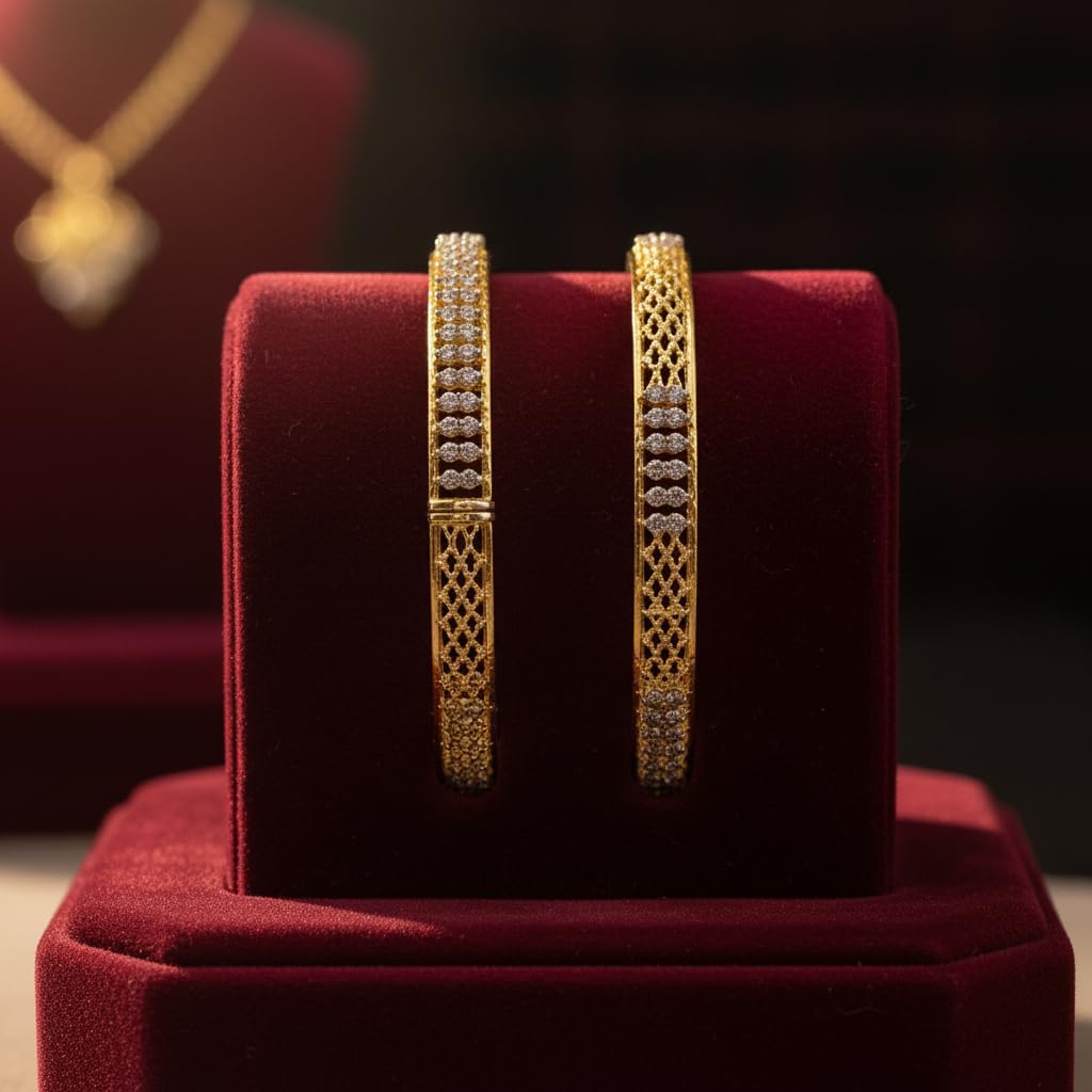 1473-Pretty Precious Two Tone Cubic Zirconia/American Diamond Traditional Bangles/Bracelet Set of 2 for Women and Girls- (Size 2.8)