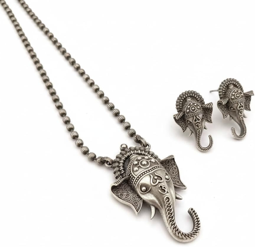 1564-Pretty Precious Latest Stylish Traditional Oxidised Silver Pendant Set for Women & Girls | Ethnic Necklace Jewellery Set for Festive & Casual Wear
