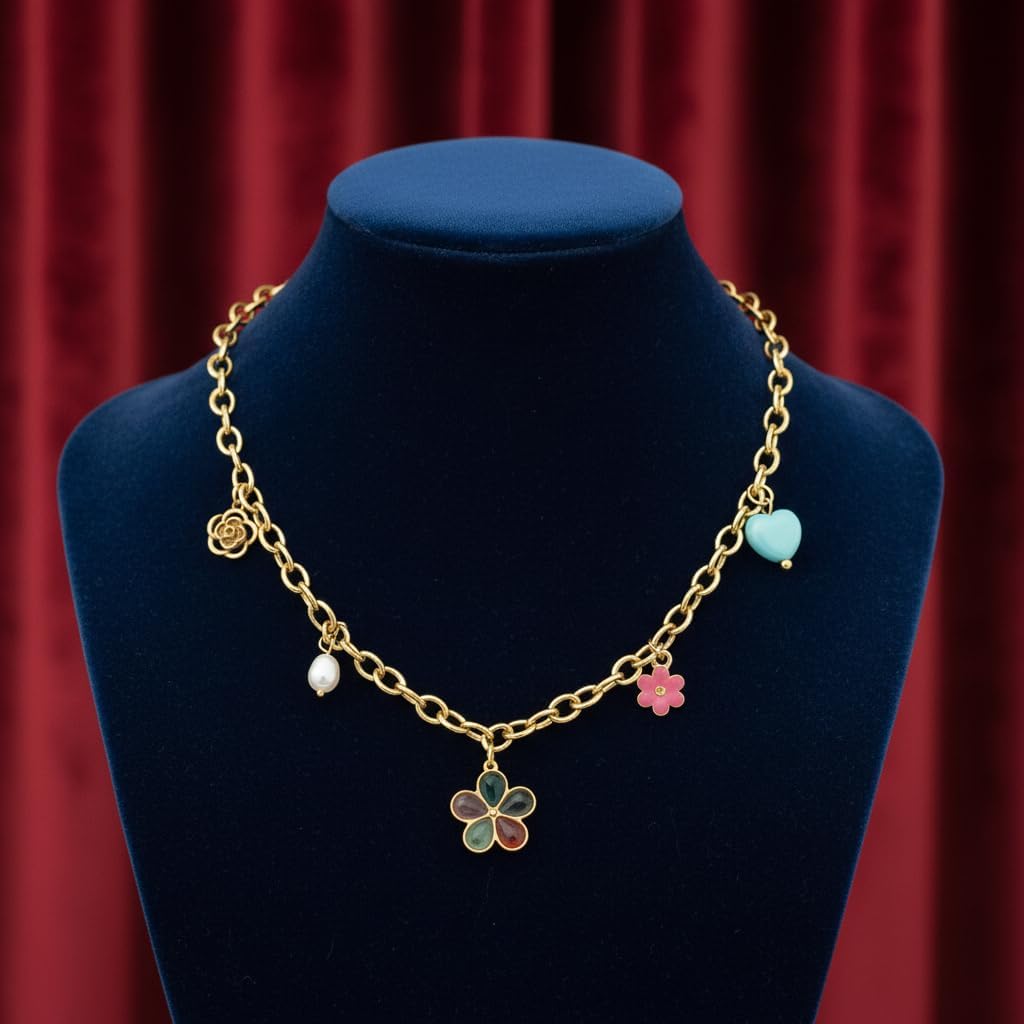1370-Pretty Precious Gold Chain Necklace with Colorful Flower and Heart Charms, Pearl Accent-Design-5