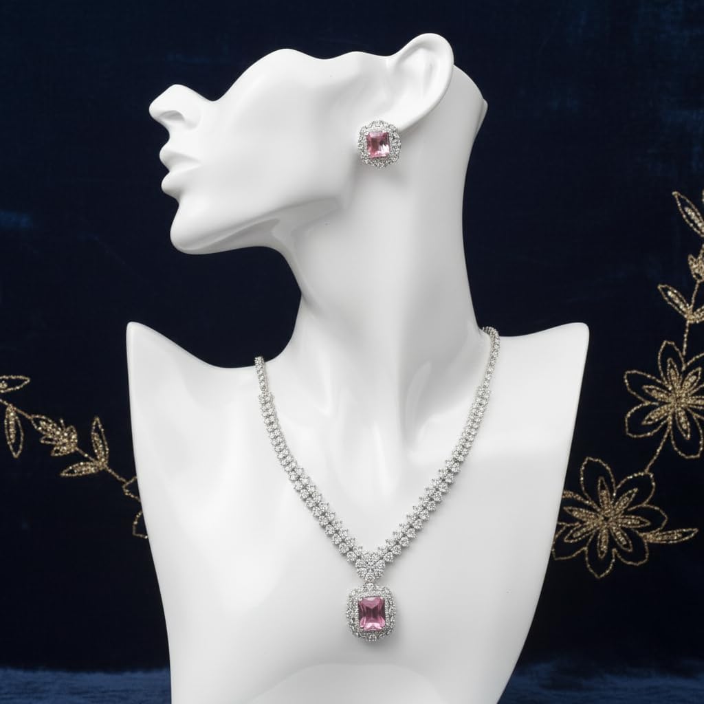 1403-Pretty Precious AD Necklace Set for Women | Rhodium Plated American Diamond Necklace & Earrings Set | Party, Wedding & Festive Jewellery-Pink Colour