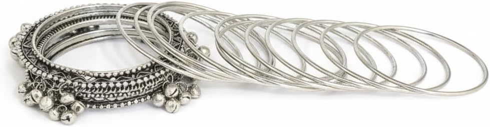 810549- Pretty Precious Silver Bangle Set, Metal Bangles with Ghungroo Bells, Oxidized Finish, Traditional Indian Jewelry, Multiple Piece Set-Size 2.6