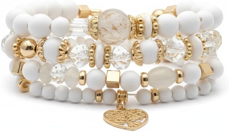 BC26154-Pretty Precious Boho Stackable Beaded Bracelet Set – Elastic Bracelets for Women – Coastal Inspired – Adjustable Handmade Beaded Bracelet (4-Piece Set)-Assorted Colour (White)