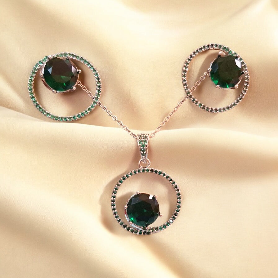 92959-PS-American Diamond Delicate Pendant Set With Rhodium Plating-Green