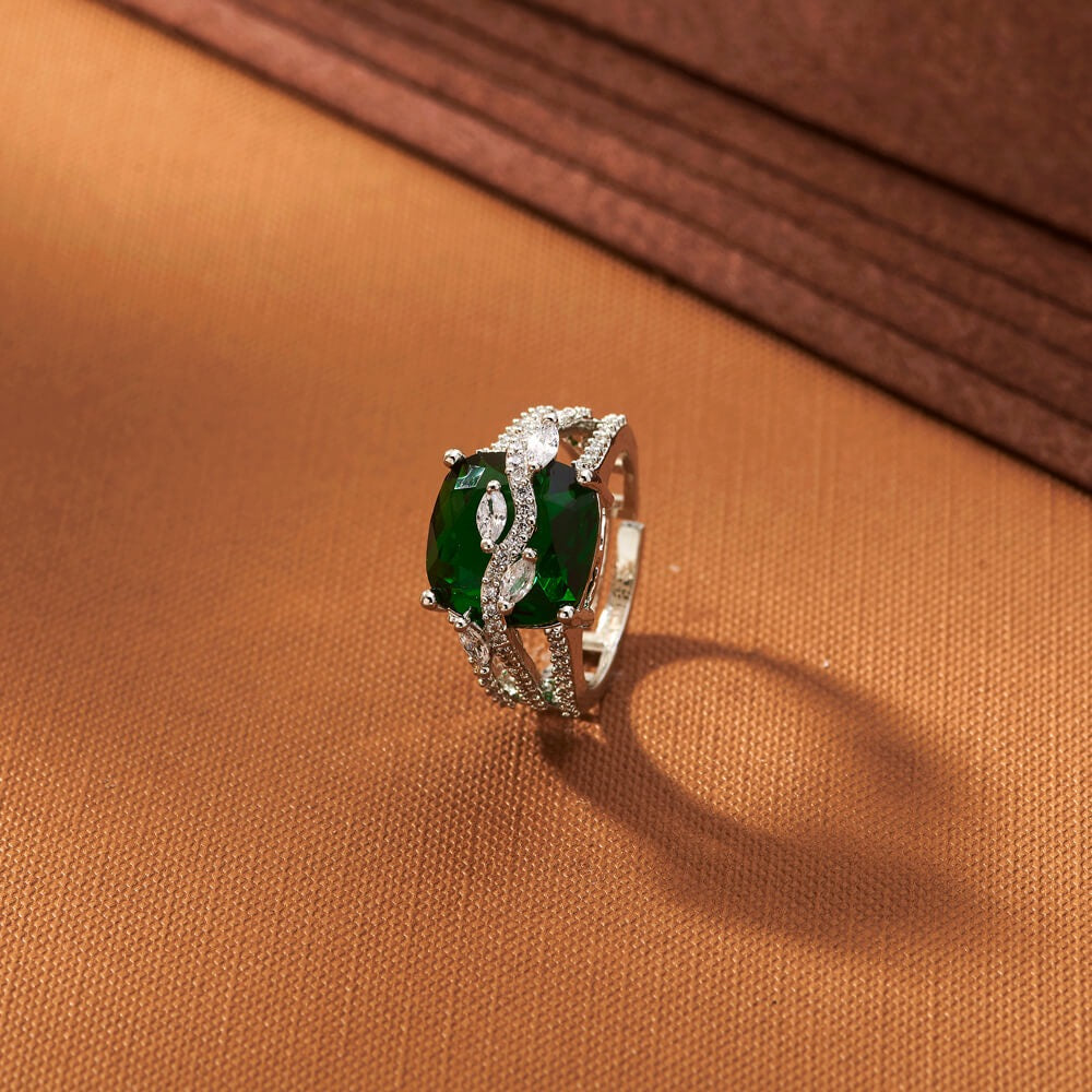 433703 American Diamond Adjustable Ring With Rhodium Plating-Green