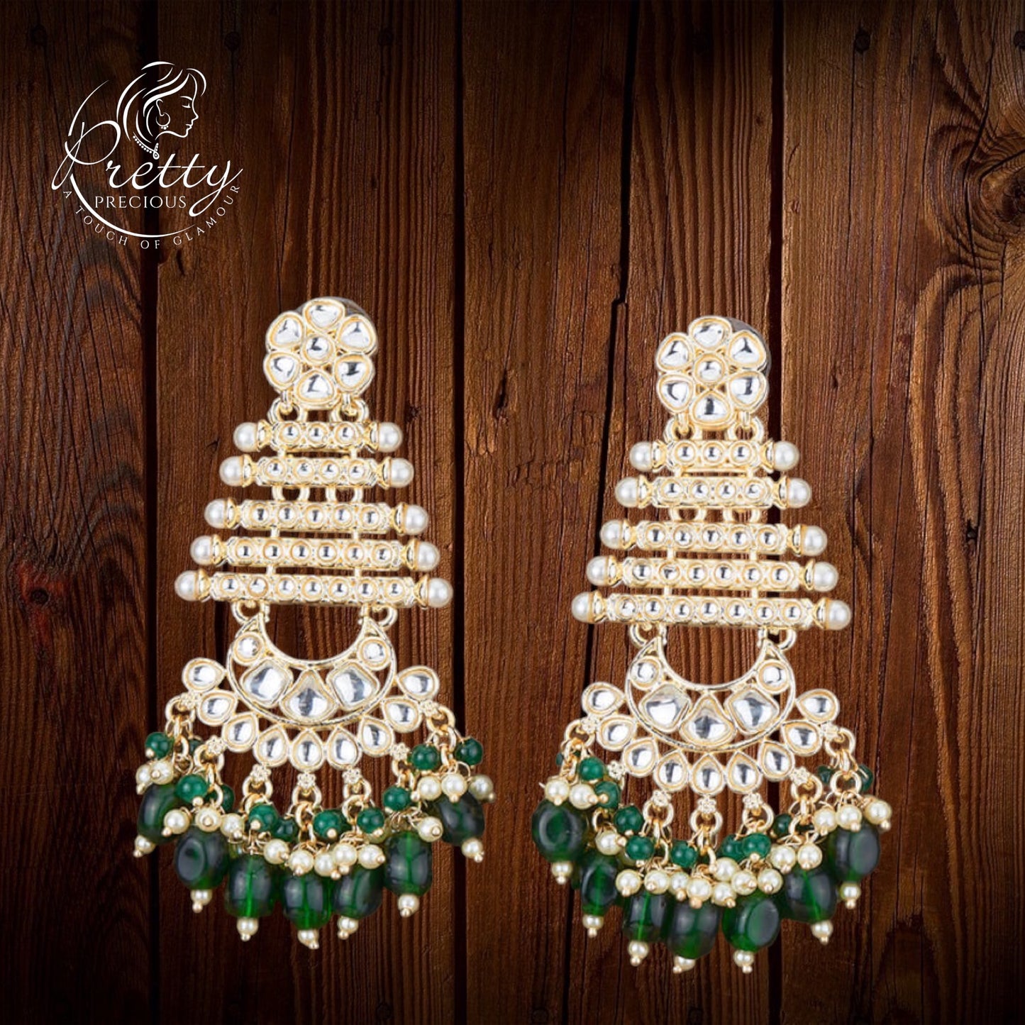 109991 Indo Western Chand Earring With Gold Plating-Green