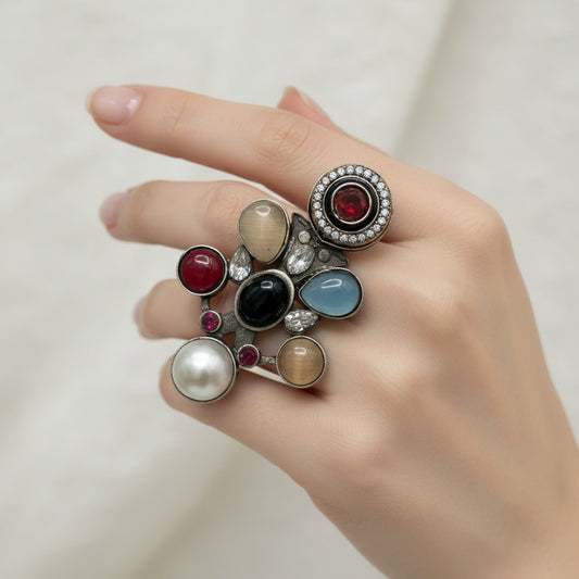 808226 Oxidised Adjustable Ring With 2 Tone Plating