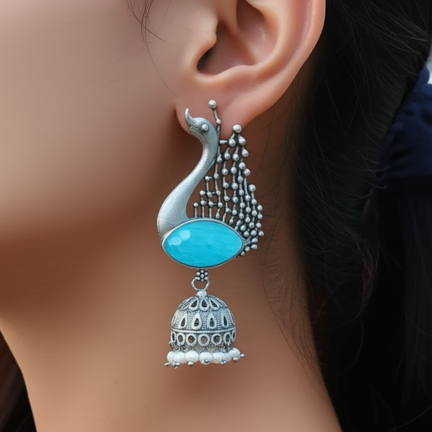 92209-ERO Pretty Precious Fashion Oxidised Silver Stylish Party Wear Earrings for Women and Girls-Aqua