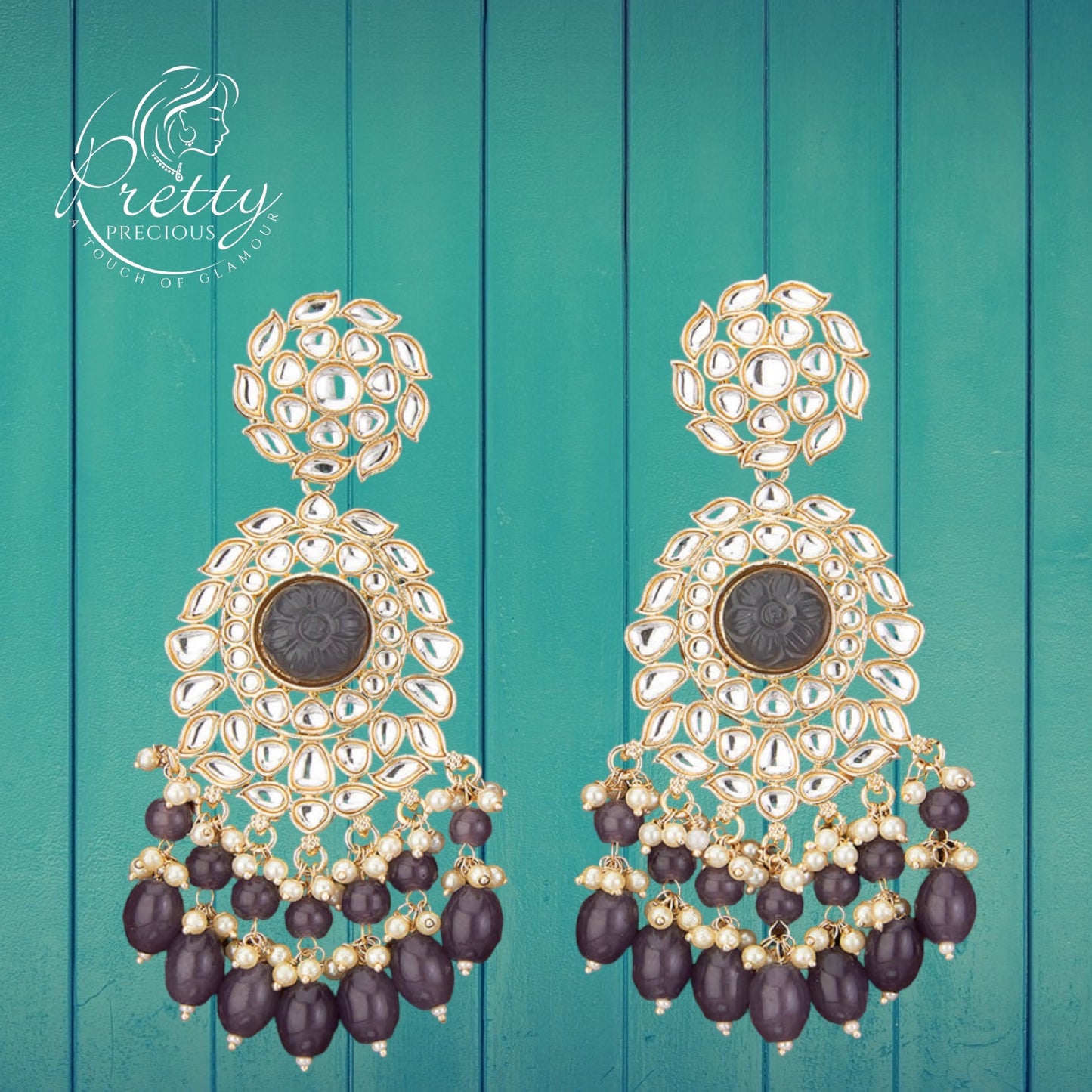 108930-GR Indo Western Stone Earring With Gold Plating-Grey