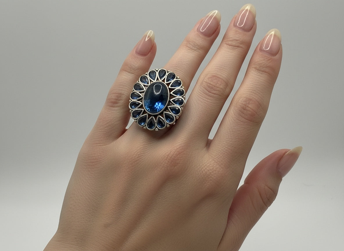 808200 Oxidised Adjustable Ring With 2 Tone Plating-Blue
