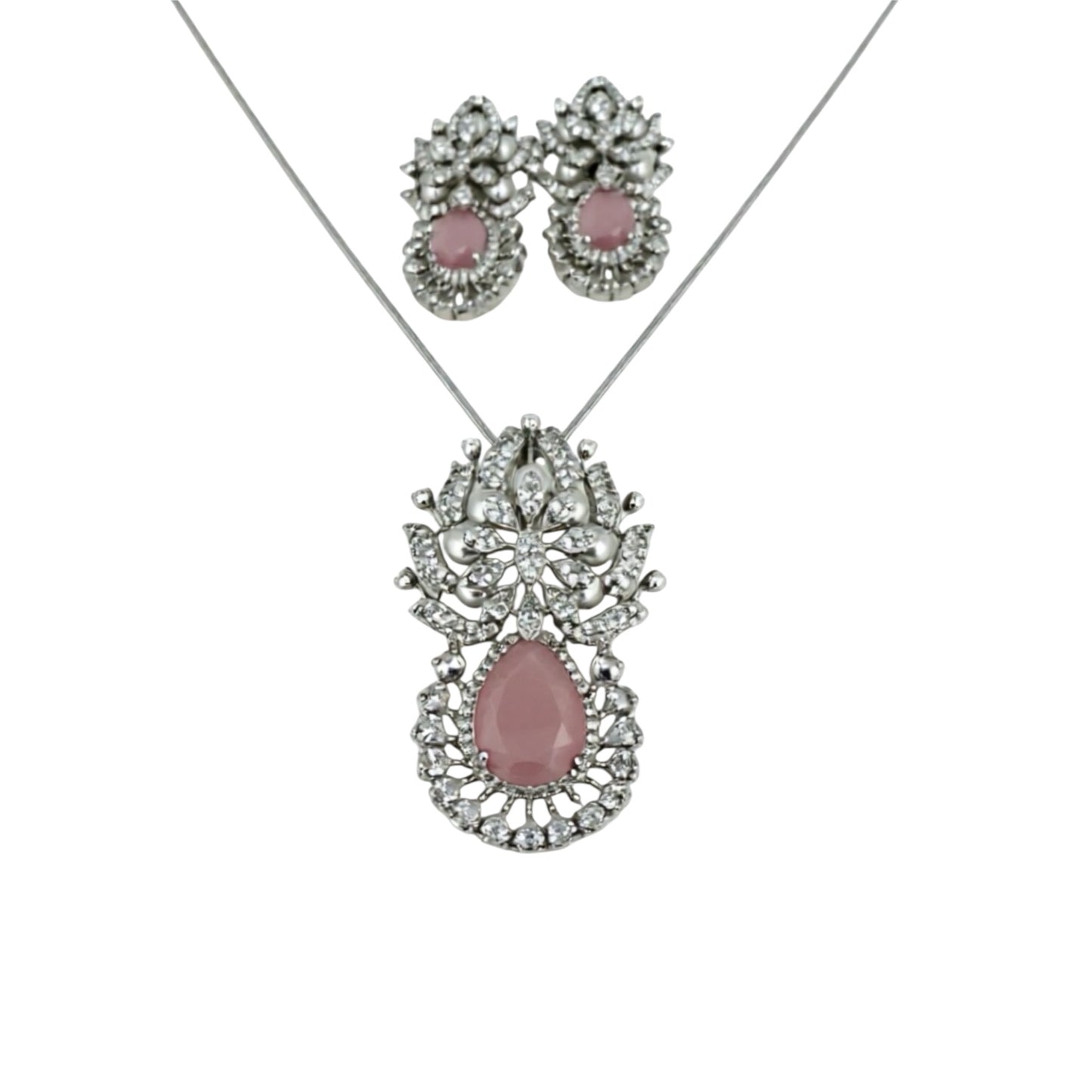 97459-PS-American Diamond Delicate Pendant Set With Rhodium Plating-Pink Moti