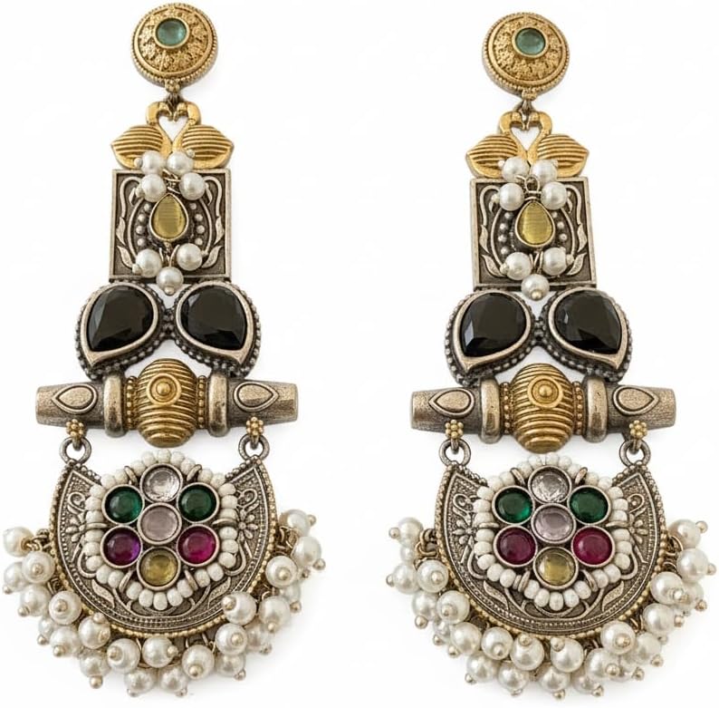 1533-Pretty Precious Oxidised Silver Stylish Party Wear Earrings for Women and Girls-Multicolour