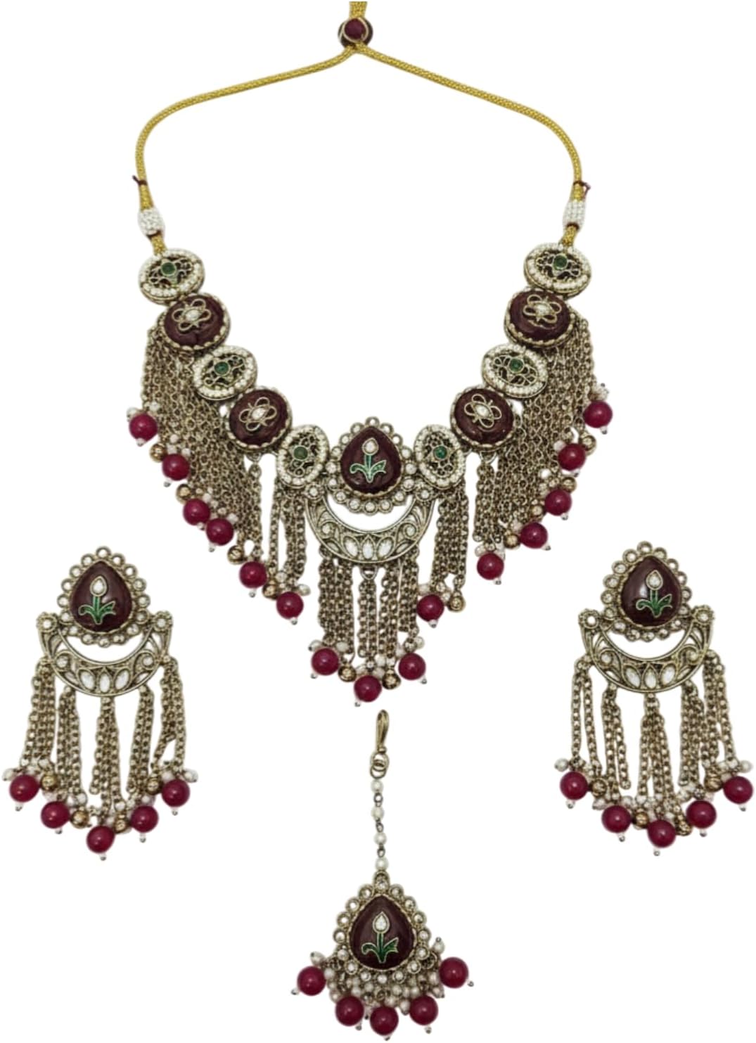 112800-Pretty Precious Kundan Necklace Set with Maang Tikka and Earrings for Women & Girls | Gold Plated Traditional Bridal Jewellery Set | Wedding, Festive & Party Wear-Rani