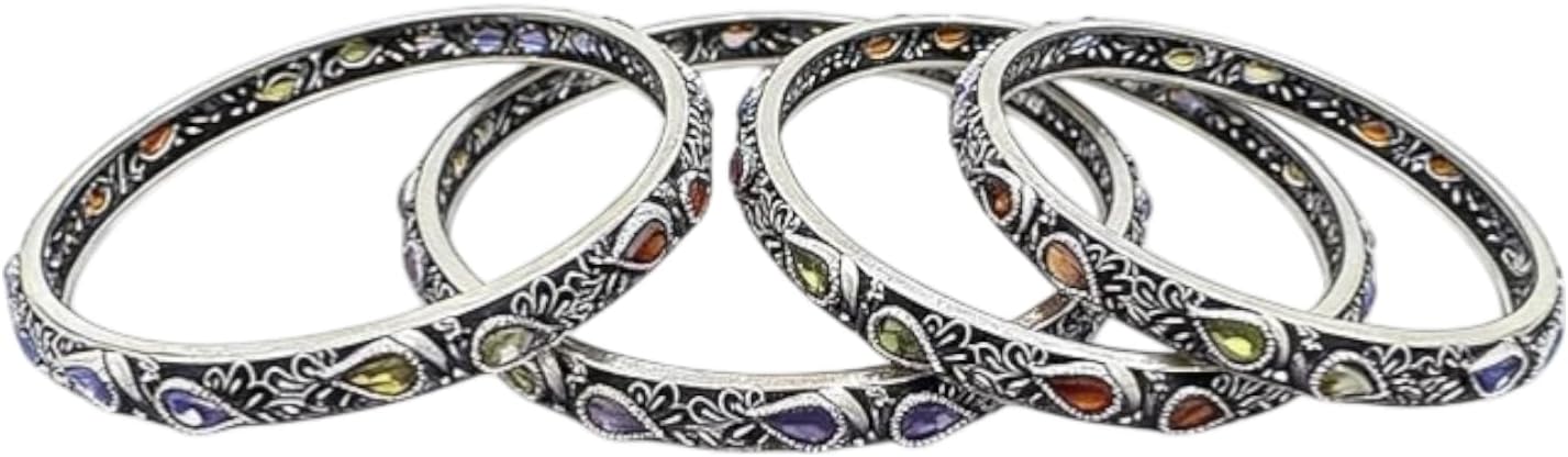 807072-Pretty Precious Oxidised Silver Bangles, Traditional Ethnic Style, Antique Finish, Size 2.4, 4 Pieces-Multicolour Stone