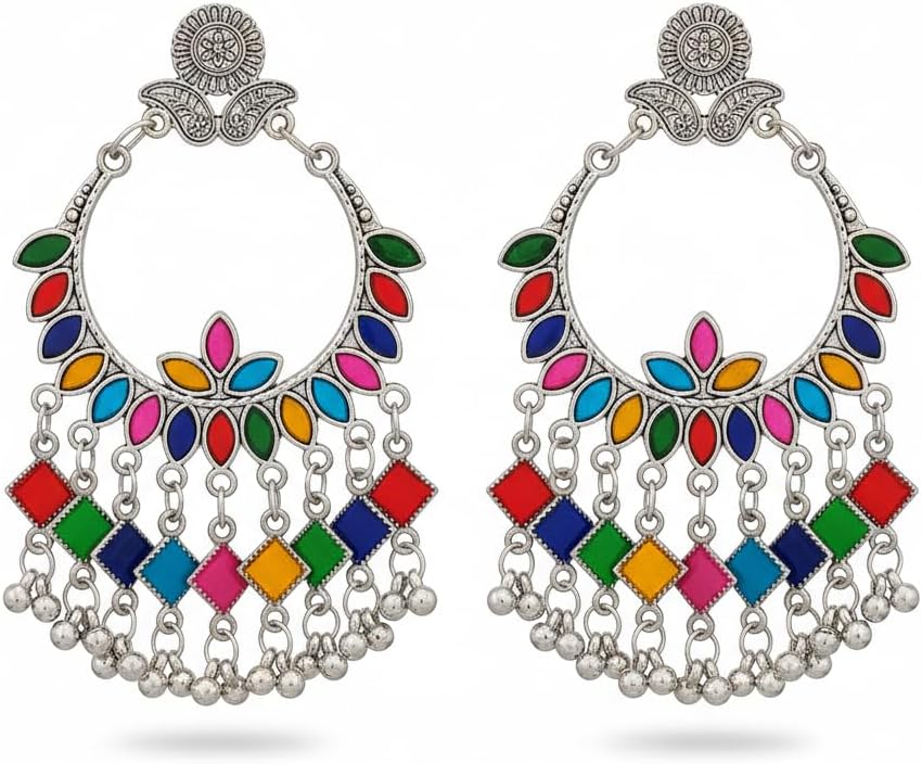 1526-Pretty Precious Oxidised Silver Stylish Party Wear Earrings for Women and Girls-Multicolour