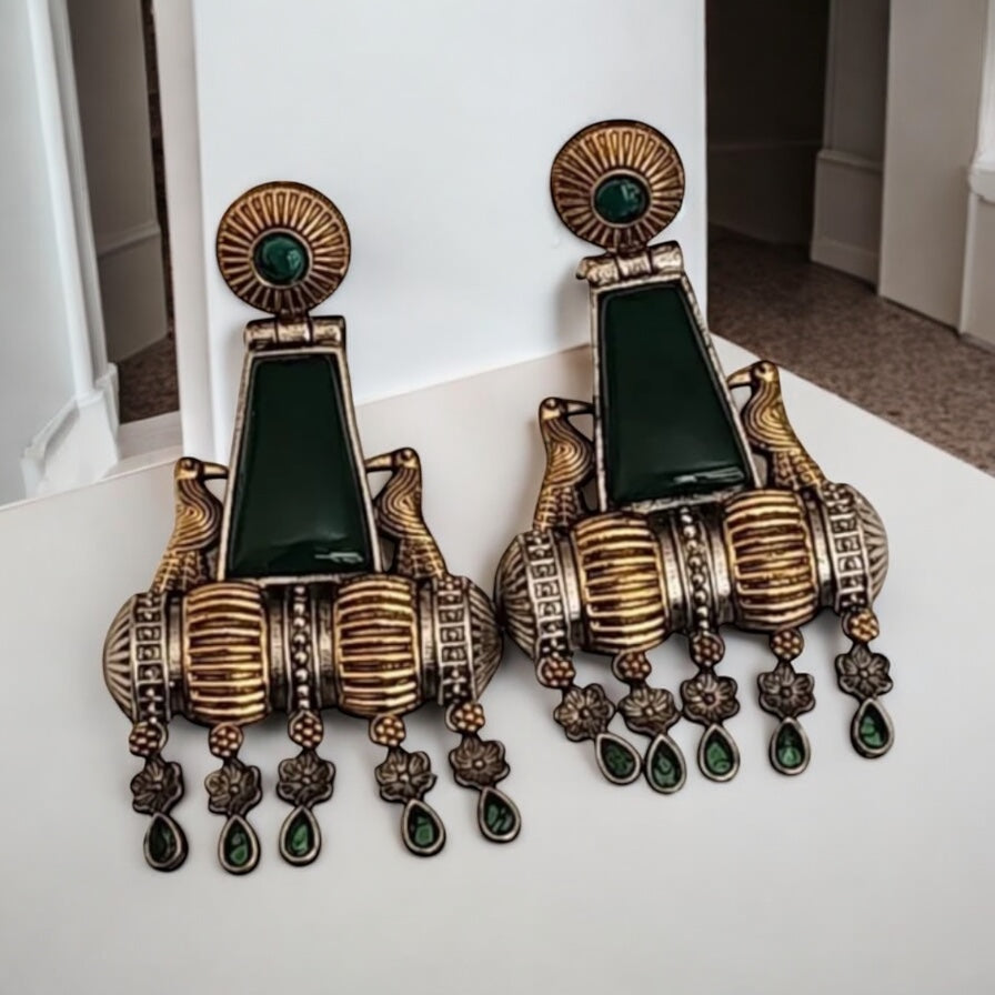 OXE-35425 Pretty Precious Fashion Oxidised Silver Stylish Party Wear Earrings for Women and Girls-Green