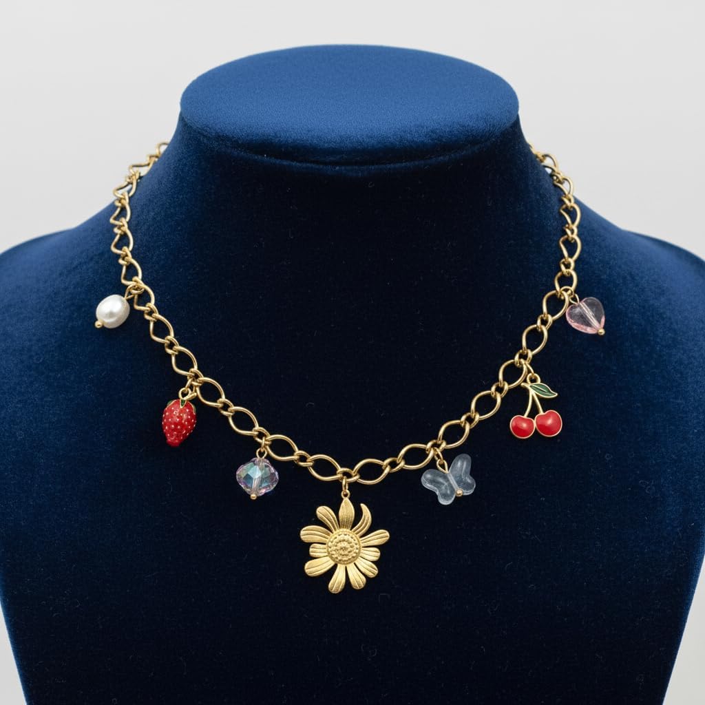 1370-Pretty Precious Mala Charm Bracelet, Gold Chain with Flower, Strawberry, Pearl, Heart Charms-Design1