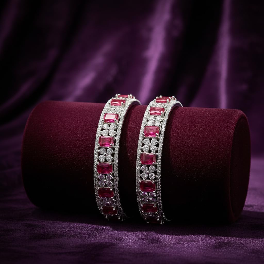 1470-Pretty Precious Rodhium-Plated Cubic Zirconia/American Diamond Traditional Bangles/Bracelet Set of 2 for Women and Girls -Ruby (Size 2.4)