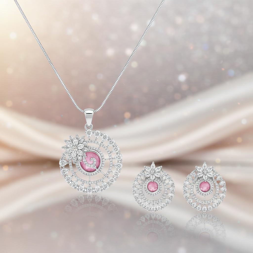 1381-PRETTY PRECIOUS Rodhium-Plated American Diamond Pendant Set with Earrings for Women and Girls, with Chain-Pink