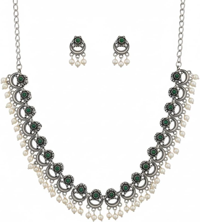 1557-Pretty Precious Latest Stylish Traditional Oxidised Silver Necklace Jewellery Set for Women | Antique Finish Ethnic Necklace with Matching Earrings | Festive & Party Wear-Green Colour