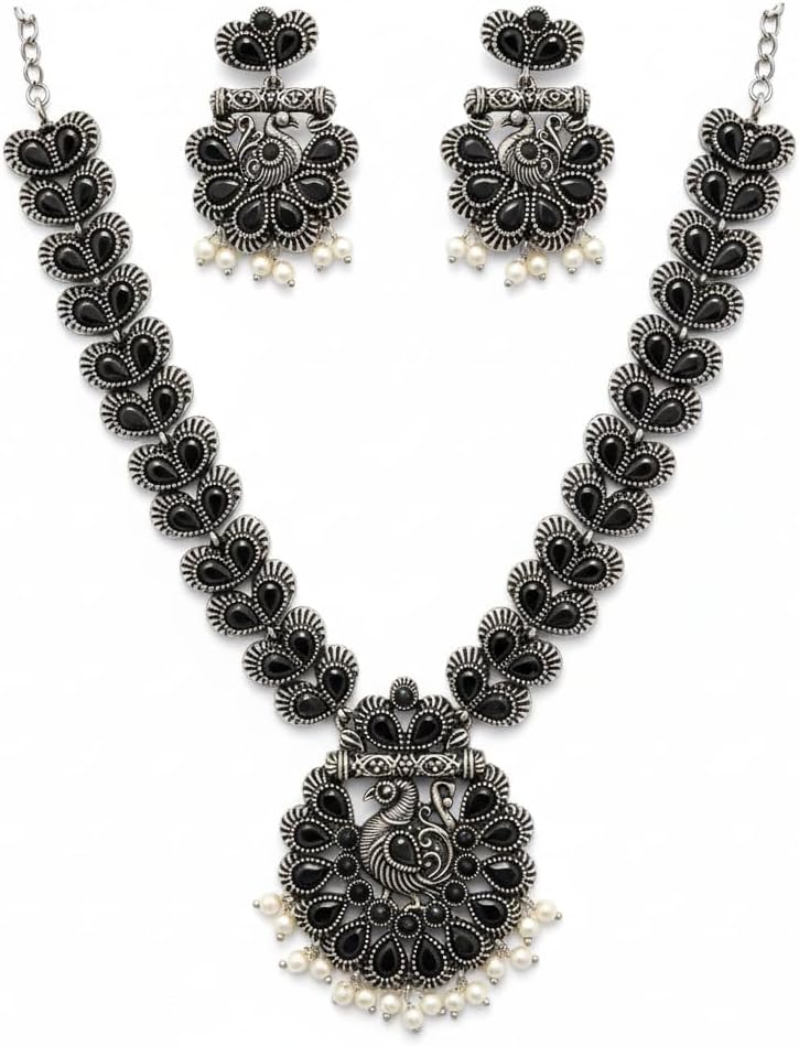 1550-Pretty Precious Latest Stylish Traditional Oxidised Silver Necklace Jewellery Set for Women | Antique Finish Ethnic Necklace with Matching Earrings | Festive & Party Wear-Black Colour