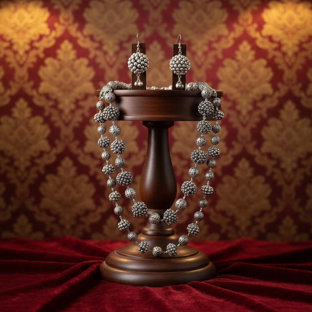 1548-Pretty Precious Latest Stylish Traditional Oxidised Silver Necklace Set for Women | Antique Finish Ethnic Necklace with Matching Earrings | Festive & Party Wear