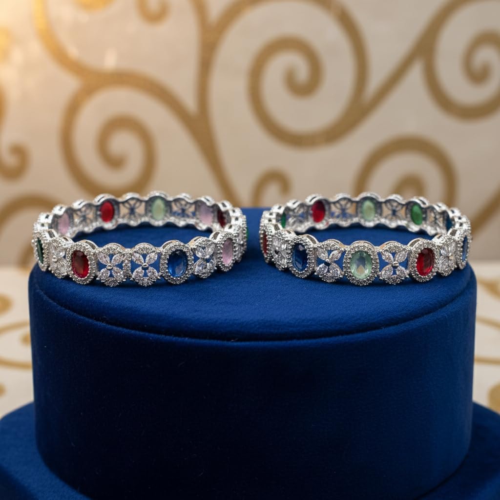 1468-Pretty Precious Rodhium-Plated Cubic Zirconia/American Diamond Traditional Bangles/Bracelet Set of 2 for Women and Girls -Multicolour (Size 2.8)