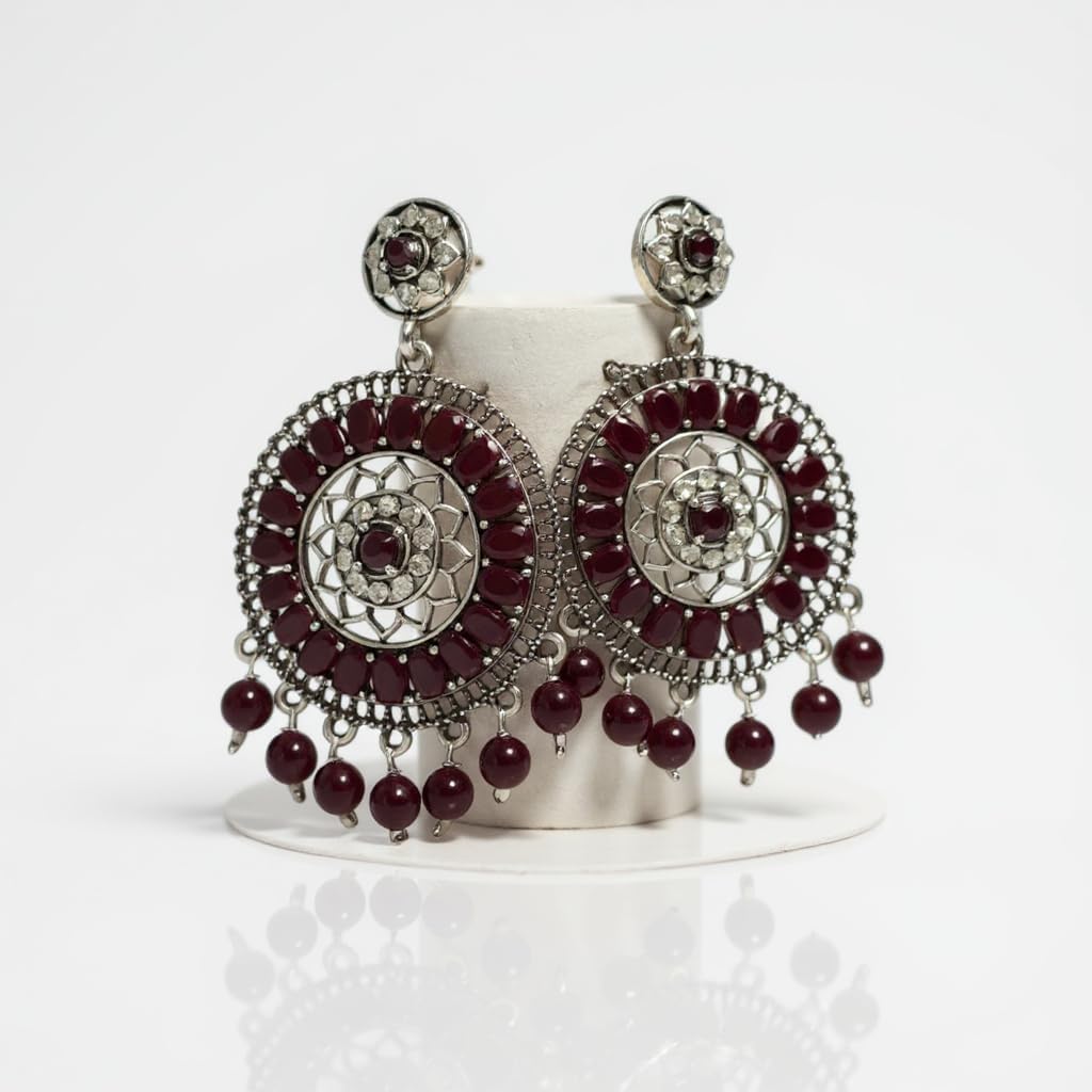 1353-Pretty Precious Oxidised Silver Stylish Party Wear Earrings for Women and Girls-Ruby Colour