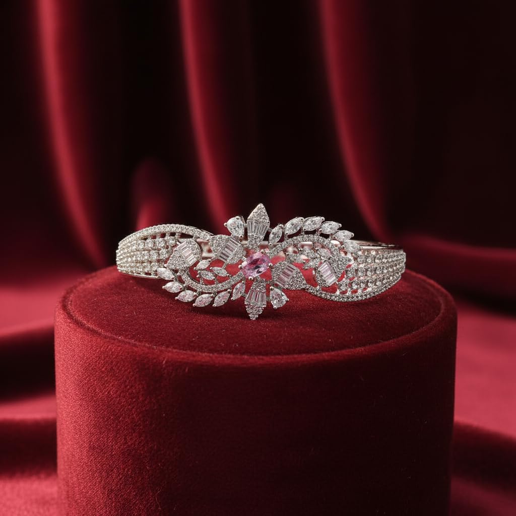 1408-Pretty Precious Rhodium Plated American Diamond Openable Kada Bracelet for Women, Cubic Zirconia, Alloy Steel-Pink