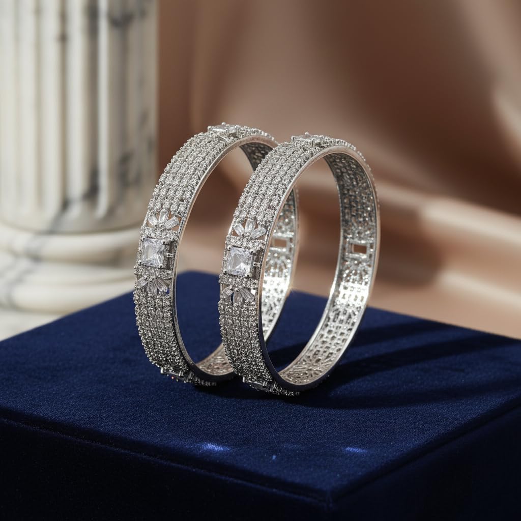 1459-Pretty Precious Rodhium-Plated Cubic Zirconia/American Diamond Traditional Bangles/Bracelet Set of 2 for Women and Girls -White (Size 2.6)