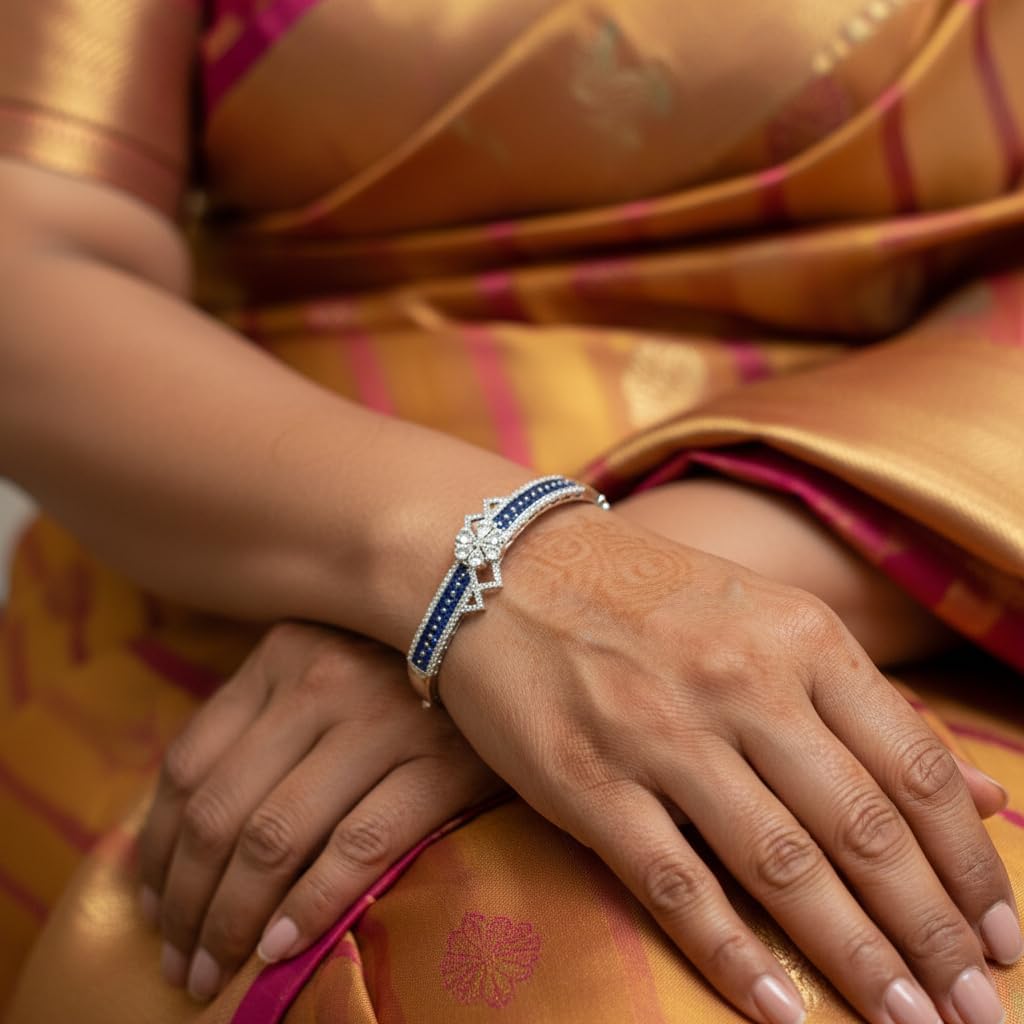 1409-Pretty Precious Rhodium Plated American Diamond Openable Kada Bracelet for Women, Cubic Zirconia, Alloy Steel-Blue