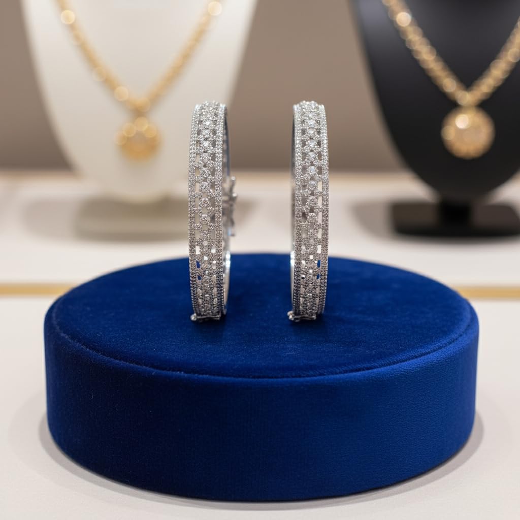 1464-Pretty Precious Rodhium-Plated Cubic Zirconia/American Diamond Traditional Bangles/Bracelet Set of 2 for Women and Girls -White (Size 2.6)-Openable