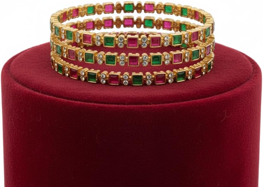 1492-Pretty Precious Gold Plated Cubic Zirconia/American Diamond Traditional Bangles/Bracelet Set of 4 for Women and Girls- Ruby Green (Size 2.8)