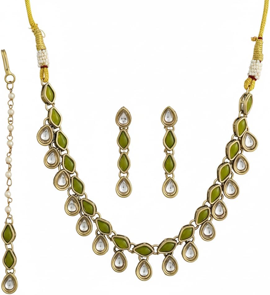 112562-Pretty Precious Kundan Necklace Set with Maang Tikka and Earrings for Women & Girls | Gold Plated Traditional Bridal Jewellery Set | Wedding, Festive & Party Wear-Mehndi