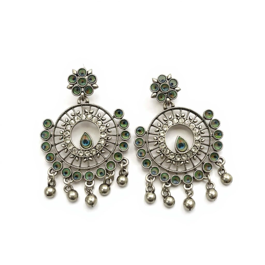 1344-Pretty Precious Oxidised Silver Earrings for Women, Party Wear Dangle Earrings with Cubic Zirconia Stones, Silver Plating-Peacock Design